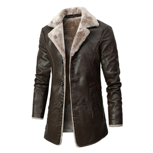Chaqueta de cuero PU de lana gruesa larga de invierno para hombre, ropa de calle informal de negocios, chaquetas de cuero con bolsillo, abrigo, prendas de vestir - Product Image 1