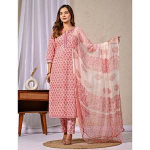 ชุดคุรตะผ้าฝ้ายพิมพ์ลายพีชพร้อมเสื้อชีฟองแขนสามส่วนสำหรับใส่ในชีวิตประจำวัน - Product Image 4