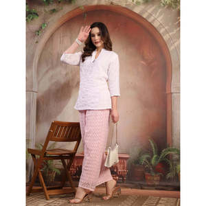 Pantalon palazzo décontracté en coton pour femme, bleu turquoise, coupe évasée, taille haute, respirant, avec motif floral - Product Image 2