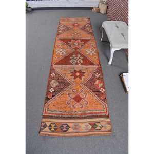 พรมตุรกี, พรมวิ่งขนาด 3x11.1 ฟุต, พรมวินเทจสีส้มน้ำตาลลายพรางทำจากขนสัตว์ - Product Image 1