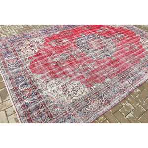 Turkish Large Rug 7.1x9.8 ft, <b>Red</b> Blue Striped Rug <b>Wool</b> - Product Image 2