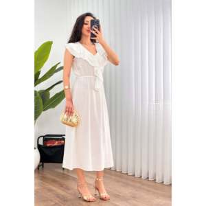 Vestido Largo Blanco al por Mayor con Cuello con Volantes - Blanco - Product Image 2