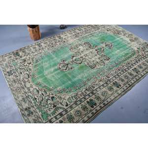 Alfombra turca vintage de 5,7x8,7 pies, diseño de retazos de lana verde y beige, respaldo de látex para el hogar, estilo rectangular, Tabriz - Product Image 2