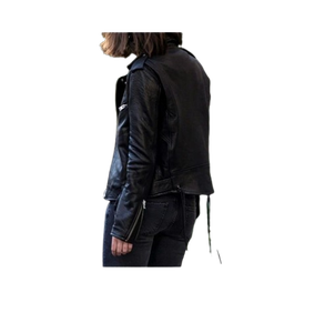 เสื้อแจ็คเก็ตหนังแท้ทรงสลิมฟิตสีดำสำหรับผู้หญิง สไตล์ไบค์เกอร์สุดเท่ - Product Image 4