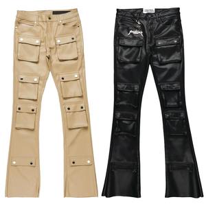Custom Men's <b>Plus</b> <b>Size</b> Flare Pants Black Mid Waist 6 Pockets Outdoor Skinny Stacked Wax Black <b>Leather</b> Canvas Nonwoven Weaving - Product Image 3