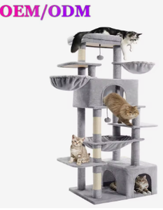 Arbre à chat moderne à 10 niveaux et tour de 68 pouces avec poteaux à gratter en sisal, hamac et niches pour chats d'intérieur, gris clair - Product Image 1