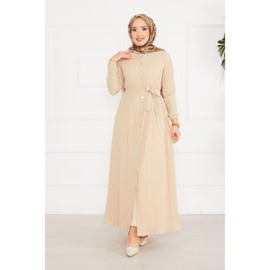 Robe beige jacquard boutonnée longueur genou, manches élastiquées, décoration diamant, taille XS, taille naturelle, légère, automne - Product Image 4
