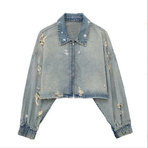 Nouveauté Veste en jean bleue longue 100% coton pour femmes avec vestes et manteaux en jean vintage de style détresse pour femmes - Product Image 1