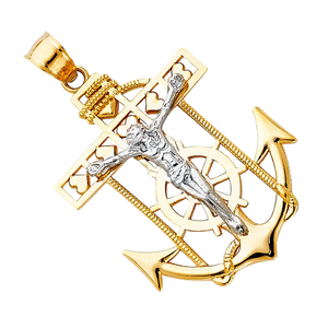 14k Jesus Mariner Unique Design <b>Crucifix</b> Anchor <b>Pendant</b> Two Tone <b>Gold</b> Silver Plated Diamond Zircon Christian Fashion Charm - Product Image 3
