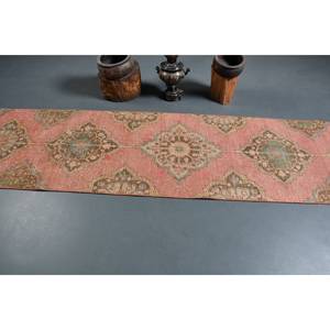 Alfombra turca Vintage de 2,8x12,9 pies, retales verdes rosas, tejido plano, respaldo de látex de lana para decoración para sala de estar o uso en el pasillo - Product Image 3