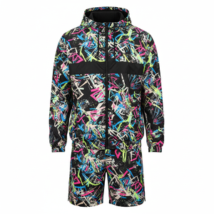 Ensemble survêtement homme personnalisé en molleton bouclette, coupe-vent réfléchissant zippé en coton, avec sweat à capuche et short - Product Image 5