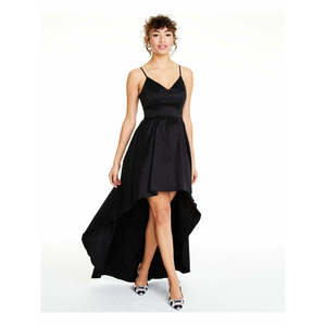 Abito lungo da ragazza B Darlin Junior in raso nero, modello A-Line con spalline sottili, scollo a V e vita impero, taglia 11/12 - Product Image 1