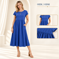 Robe midi pour femme en coton et élasthanne bleu roi, à col rond, manches courtes, taille froncée et poches latérales, pour les acheteurs de boutiques