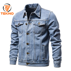 แจ็กเก็ตยีนส์ผ้าฝ้าย100% สำหรับผู้ชายเสื้อผ้าลำลองสีล้วนมีกระเป๋า - Product Image 1