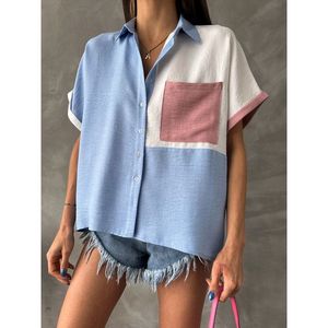 Camisa Blusa Casual TOPSHOW Azul con Paneles Frontales y Bolsillos, Mezcla de Lino, Algodón y Poliéster, Manga Larga para Mujer, Ideal - Product Image 4