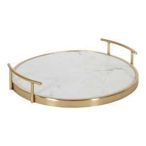 DECORATIVE <b>ROUND</b> <b>MARBLE</b> SERVING <b>TRAY</b> WITH GOLD METAL HANDLE - Product Image 1