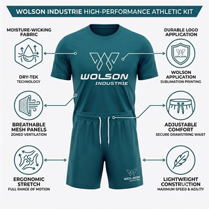 Conjunto Deportivo de Verano para Hombre Wolson Industry, Camiseta y Pantalones Cortos Deportivos Personalizados, Transpirables, con Soporte para la Espalda, Ropa Deportiva de Alto Rendimiento - Product Image 3