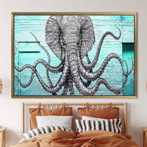 Tableau sur toile imprimé graffiti éléphant et pieuvre - Décoration moderne, 1P : encadré or - Product Image 1