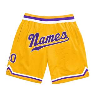 Pantalones cortos de baloncesto de retroceso auténticos dorados y morados personalizados de alta calidad, pantalones cortos informales transpirables con cintura elástica - Product Image 1