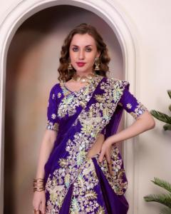 <b>Purple</b> Color Indian Designer Soft Silk <b>Saree</b> Wedding wear and Party Wear <b>Saree</b>, Embroidery Work <b>Saree</b>, Wedding Wear <b>Saree</b>. - Product Image 4