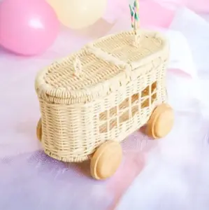 Carrito de juguete de ratán Natural de bajo precio, carrito de mimbre de ratán Natural para niños para guardería, carrito de bebé de ratán de alta calidad hecho a mano