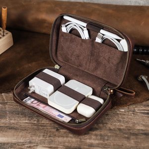 Pochette organisateur de câbles en cuir de luxe, étanche et antichoc, pour chargeurs USB, écouteurs, usage quotidien, voyage, bureau, personnalisable OEM - Product Image 1