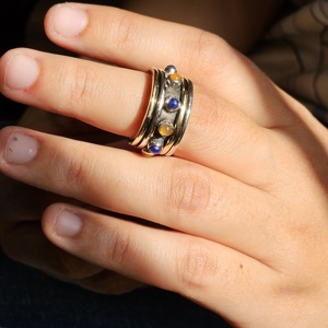 Oxidized <b>Silver</b> Brass <b>Spinner</b> <b>Ring</b> with Lapis and Carnelian for Weddings Parties and Anniversaries - Product Image 1