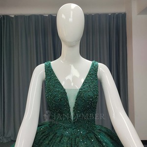 Vestido de Fiesta Largo hasta el Suelo con Cuello en V, Apliques de Lentejuelas Brillantes ANY191, Color Verde Esmeralda, Estampado Natural, Estilo Princesa - Product Image 4