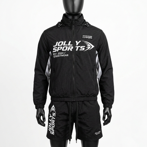 Conjunto Corto de Chaqueta Cortavientos y Pantalones Cortos de Poliéster Taslon para Hombre, Chaqueta con Capucha Negra con Diseño de Paneles, Logotipo Personalizado - Product Image 1