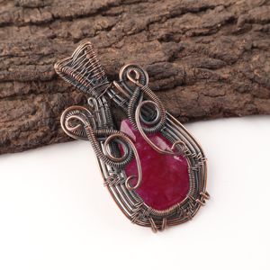 Kashmiri <b>Ruby</b> Gemstone Pear Cut Copper Wire Wrapped Fashion Pendant <b>Necklace</b> Red Stone Oxidized Silver For Cocktail Party Wear - Product Image 2