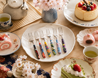 Set van 6 dessertvorken roestvrij staal met meerkleurig handvat, gemaakt in Italië, Italiaans design, oosters patroon