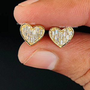 14K Solid <b>Gold</b> Baguette Natural Diamond Solid <b>Gold</b> <b>Heart</b> Stud Piercing Fine Jewelry. - Product Image 4