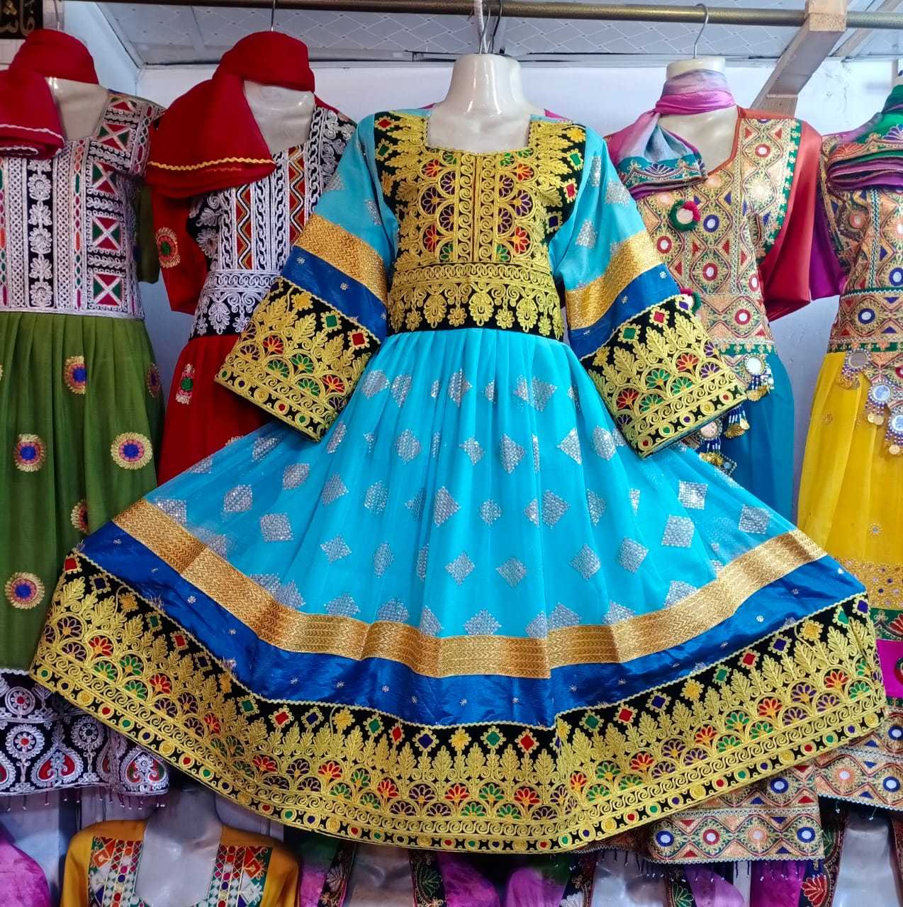 Robe Traditionnelle Afghane - Bleu, Broderie Dorée Scintillante - Fait à La Main - Taille Unique