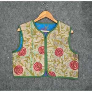 Jacket Vest Kantha Embroidered Handmade Cotton V-Neck Women's <b>Waistcoat</b> Winter Short with Style Jacket - Product Image 3