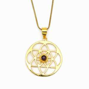 Nuevo Collar de Moda con Colgante Boho de Geometría Sagrada, Collares de Latón para Mujer, Chapado en Oro de 18k, Semilla de la Vida, Amatista, Venta al por Mayor/OEM - Product Image 1