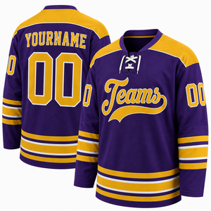 mens custom ice hockey jersey long sleeve lace up neck sports <b>shirt</b> purple <b>gold</b> and white casual activewear athletic team - Product Image 4