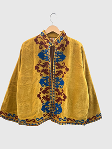 Veste en velours brodée florale jaune à manches longues, taille plus, col mandarin, vêtements d'automne pour femmes - Product Image 3