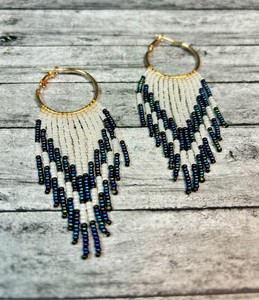 Boho Iridescent Blue, Gold, Black, and White Beaded Fringe <b>Earrings</b> with Lever <b>Back</b> Closures - Product Image 1