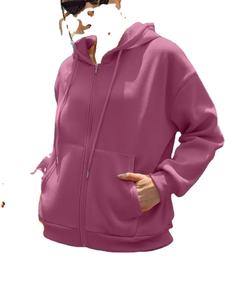 Vente en gros de sweats à capuche personnalisés à manches longues, couleur unie, poignets côtelés extensibles, couverture intégrale, fermeture éclair, pour femmes - Product Image 2