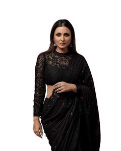 Saree de créateur indien élégant Bollywood pour une séquence de saree en georgette noire ethnique chic - Product Image 1