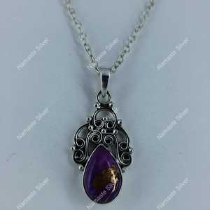 925 <b>Sterling</b> <b>Silver</b> Turquoise <b>Necklace</b> with Handmade Pendant Purple Copper Pear Shape <b>Locket</b> Fine Pendants & Charms Gift - Product Image 4