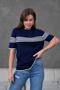 Blusa de punto a rayas de manga corta con cuello redondo para mujer, Camiseta cómoda y elegante, transpirable a rayas, servicio OEM de alta calidad - Product Image 2