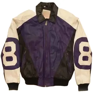 Veste 8 balles en cuir violet et noir de haute qualité Veste 8 balles bleue et blanche de qualité supérieure avec fermeture éclair à col à capuche en fourrure