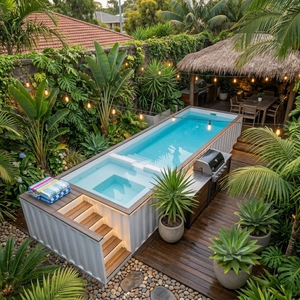 Piscina rectangular de acero sobre suelo, tipo spa para exteriores, con escalera de seguridad y plataforma de madera. - Product Image 4