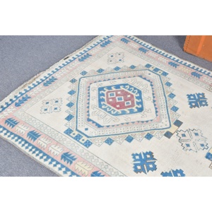 Alfombra Turca Vintage de 4.2x7.4 pies (128x225 cm), Alfombra a Rayas Azul y Blanca - Product Image 5