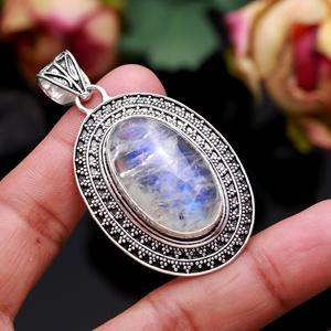 Vintage arc-en-ciel pierre de lune pendentif ovale forme Cabochon allemand argent fait à la main bohème grand feu bleu pierre de lune pendentif - Product Image 1