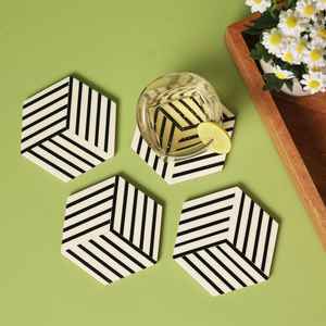 Ensemble de sous-verres en noyer avec incrustation en os, motif géométrique, élégant et moderne, noir et blanc, style classique, tapis décoratifs pour boissons - Product Image 2