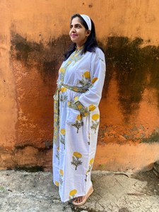 Robe Kaftan en coton pour femmes, faite à la main, avec boutons en dentelle, décoration, motifs floraux imprimés, décontracté, quotidien vintage - Product Image 3