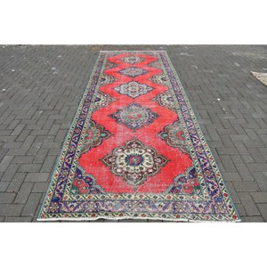 4.6x12.8 ft Vintage Rug, <b>Red</b> Check Turkish Rug <b>Wool</b> - Product Image 1