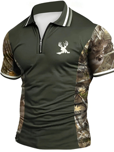 Camiseta Polo de Estilo Camuflaje con Costuras, Media Cremallera, Estampado de Cabeza de Ciervo, Estilo Casual de Caza para Hombre, Mangas Cortas - Product Image 1